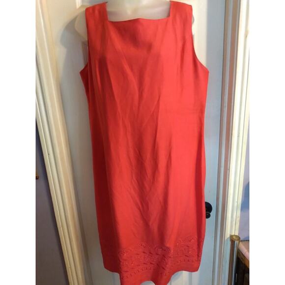 Jillian Jones Dress Red Silk Linen Blend Sz 16 Easter Spring Embroidered Hem - Picture 1 of 10
